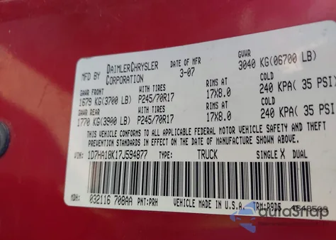 2007 Dodge Ram 1500 St z USA, uszkodzony, nr VIN 1D7HA18K17J594877